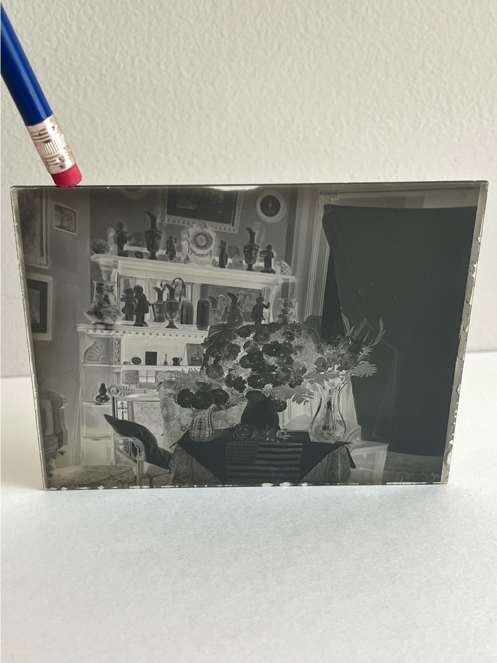 Antique Glass Plate Negative Flowers Statues Figurines NY 1800s / 1900s 5X4in